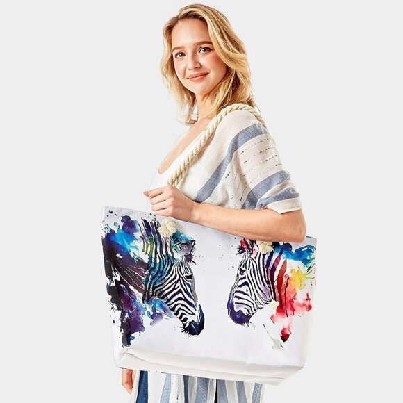 Stylish Splash of Color Zebra Print Beach Tote Bag - Picture 1 of 14